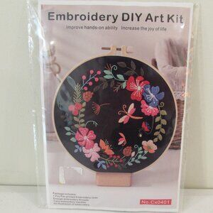DIY Embroidery Art Kit Dark Navy Dragonfly Florals New